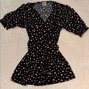 Anne Klein EUC Black Pink Polka Dot Wrap Blouse - Short Sleeve - Size M